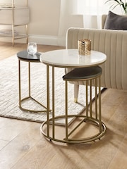 Dark Grey Valencia Marble and Mango Wood Round Set of 3 Nest of Tables - Image 1 of 7