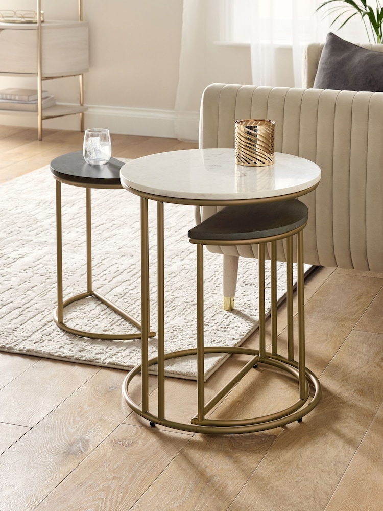 Dark Grey Valencia Marble and Mango Wood Round Set of 3 Nest of Tables - Image 1 of 7