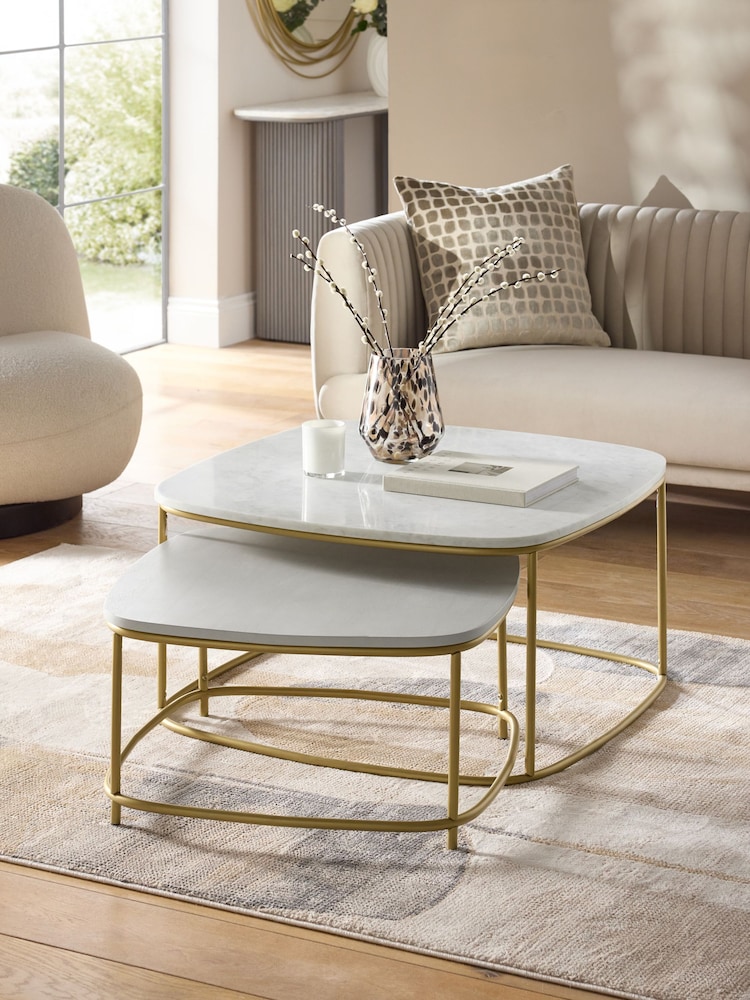 Light Grey Valencia Marble and Mango Wood Nest of 2, Rectangular Coffee Tables - Image 1 of 8