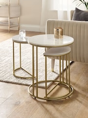 Light Grey Valencia Marble and Mango Wood Round Set of 3 Nest of Tables - Image 1 of 7