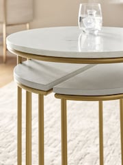 Light Grey Valencia Marble and Mango Wood Round Set of 3 Nest of Tables - Image 2 of 7