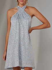 Jolie Moi Blue Halter Neck Tie Mini Dress - Image 3 of 6