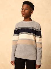 Grey Colourblock Stripe Crew Neck Knitted Jumper (3-16yrs) - Image 1 of 8