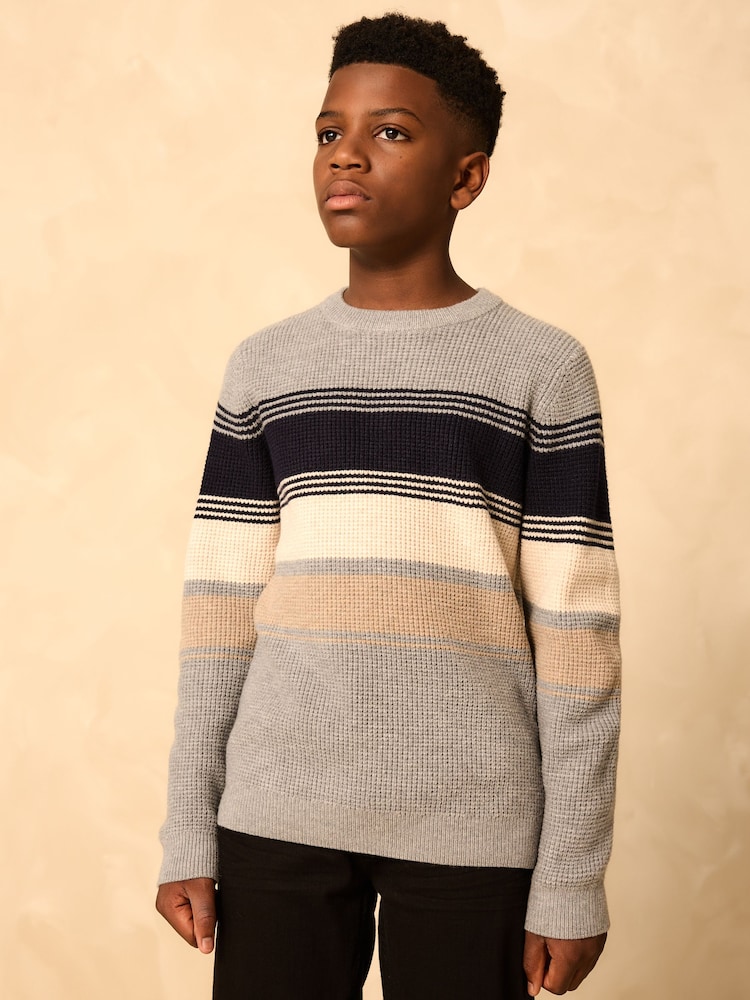 Grey Colourblock Stripe Crew Neck Knitted Jumper (3-16yrs) - Image 1 of 8