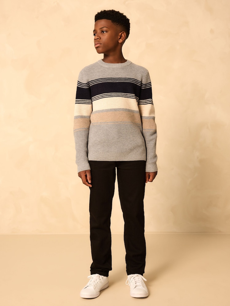 Grey Colourblock Stripe Crew Neck Knitted Jumper (3-16yrs) - Image 2 of 8