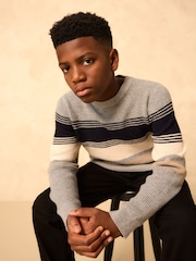 Grey Colourblock Stripe Crew Neck Knitted Jumper (3-16yrs) - Image 4 of 8