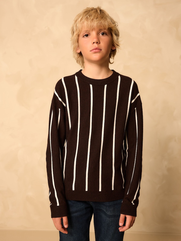 Brown Vertical Stripe Crew Neck Jumper (3-16yrs) - Image 1 of 8 Brown Vertical Stripe Crew Neck Jumper (3-16yrs) - Image 1 of 8