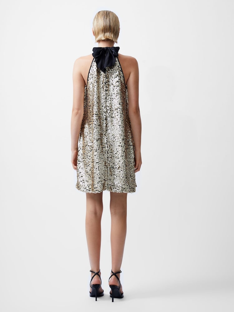 French Connection Gold Elah Sequin Halter Neck Dress - Image 3 of 4