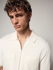 Ecru White Relaxed Fit EDIT Short Sleeve Premium Knitted Zip-Through Polo Shirt - Image 1 of 8