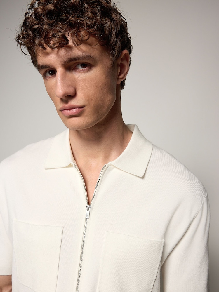 Ecru White Relaxed Fit EDIT Short Sleeve Premium Knitted Zip-Through Polo Shirt - Image 1 of 8
