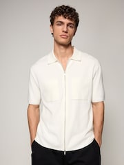 Ecru White Relaxed Fit EDIT Short Sleeve Premium Knitted Zip-Through Polo Shirt - Image 2 of 8