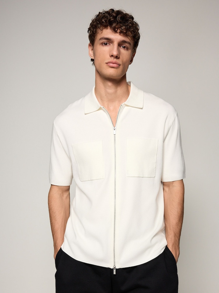 Ecru White Relaxed Fit EDIT Short Sleeve Premium Knitted Zip-Through Polo Shirt - Image 2 of 8