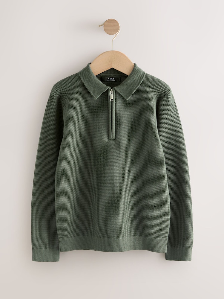 Green Long Sleeve Zip Neck Knitted Polo Shirt (3-16yrs) - Image 1 of 4