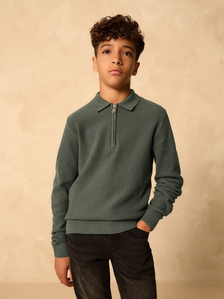 Green Long Sleeve Zip Neck Knitted Polo Shirt (3-16yrs) - Image 1 of 7 Green Long Sleeve Zip Neck Knitted Polo Shirt (3-16yrs) - Image 1 of 7