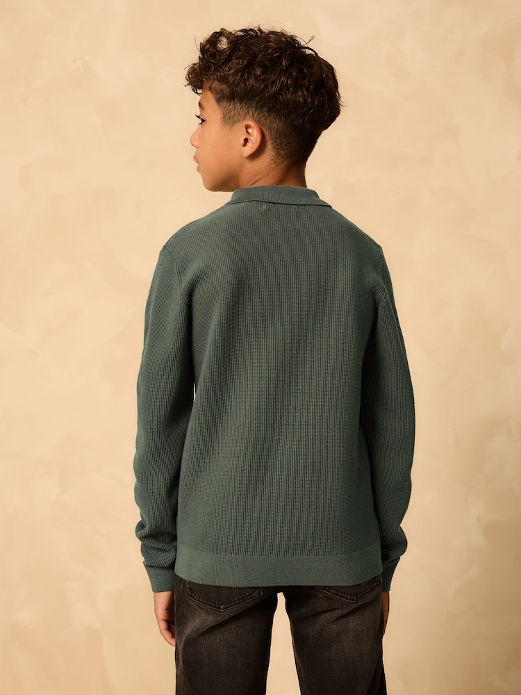 Green Long Sleeve Zip Neck Knitted Polo Shirt (3-16yrs) - Image 2 of 7 Green Long Sleeve Zip Neck Knitted Polo Shirt (3-16yrs) - Image 2 of 7