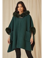 Yumi Green Cape With Luxe Faux Fur Trim And Lining Poncho - Image 1 of 5