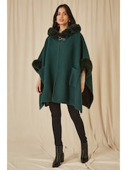 Yumi Green Cape With Luxe Faux Fur Trim And Lining Poncho - Image 2 of 5