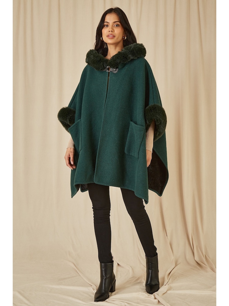 Yumi Green Cape With Luxe Faux Fur Trim And Lining Poncho - Image 2 of 5
