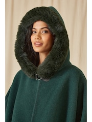Yumi Green Cape With Luxe Faux Fur Trim And Lining Poncho - Image 3 of 5