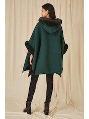 Yumi Green Cape With Luxe Faux Fur Trim And Lining Poncho - Image 4 of 5