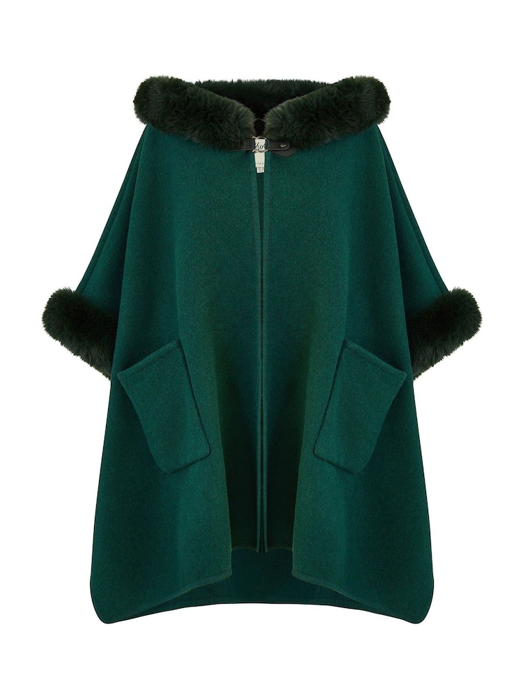 Yumi Green Cape With Luxe Faux Fur Trim And Lining Poncho - Image 5 of 5 Yumi Green Cape With Luxe Faux Fur Trim And Lining Poncho - Image 5 of 5