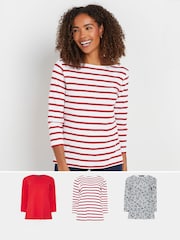 M&Co Red/Navy Blue Floral Print and Stripe Slash Neck 100% Cotton Tops 3 Pack - Image 1 of 9
