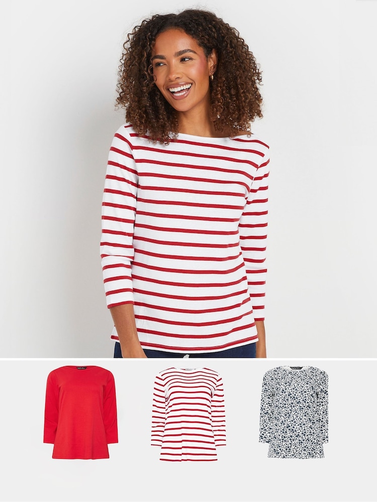 M&Co Red/Navy Blue Floral Print and Stripe Slash Neck 100% Cotton Tops 3 Pack - Image 1 of 9