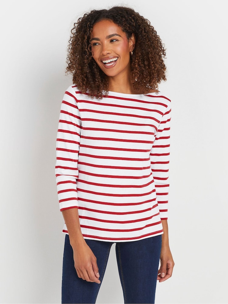 M&Co Red/Navy Blue Floral Print and Stripe Slash Neck 100% Cotton Tops 3 Pack - Image 2 of 9
