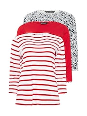 M&Co Red/Navy Blue Floral Print and Stripe Slash Neck 100% Cotton Tops 3 Pack - Image 6 of 9
