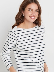 M&Co Navy Blue/White Stripe Slash Neck 100% Cotton Top - Image 4 of 5