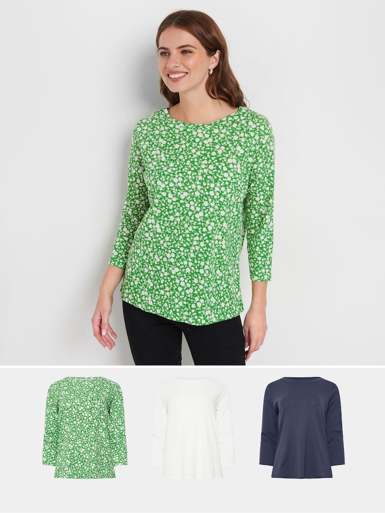 M&Co Green & White Ditsy Floral & Plain Tops Tops 3 Pack - Image 1 of 9