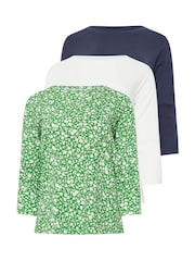 M&Co Green & White Ditsy Floral & Plain Tops Tops 3 Pack - Image 6 of 9