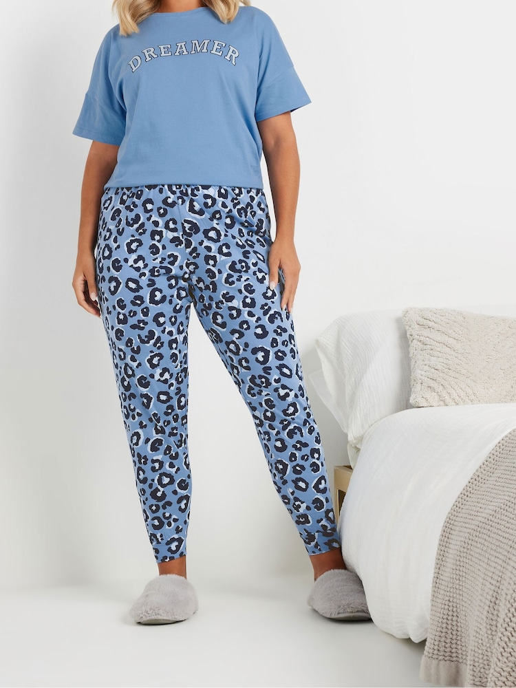 Yours Curve Blue Animal Cuffed 100% Cotton Pyjamas Pant - Image 1 of 5
