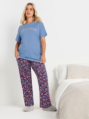 Yours Curve Blue Floral Print Wide Leg 100% Cotton Pyjamas Pants - Image 1 of 5