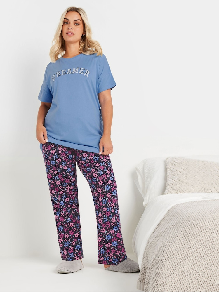 Yours Curve Blue Floral Print Wide Leg 100% Cotton Pyjamas Pants - Image 1 of 5