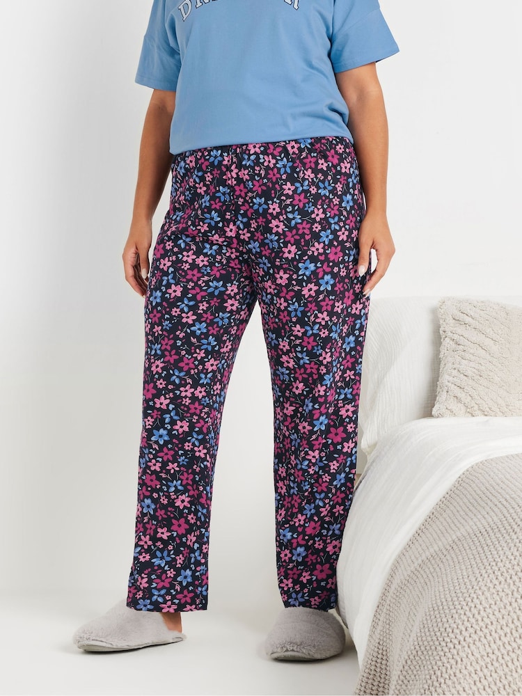 Yours Curve Blue Floral Print Wide Leg 100% Cotton Pyjamas Pants - Image 2 of 5