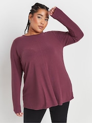 Yours Curve Purple Long Sleeve Ribbed Swing T-Shirt - Image 1 of 5