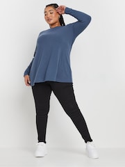 Yours Curve Blue Long Sleeve Ribbed Swing T-Shirt - Image 2 of 5