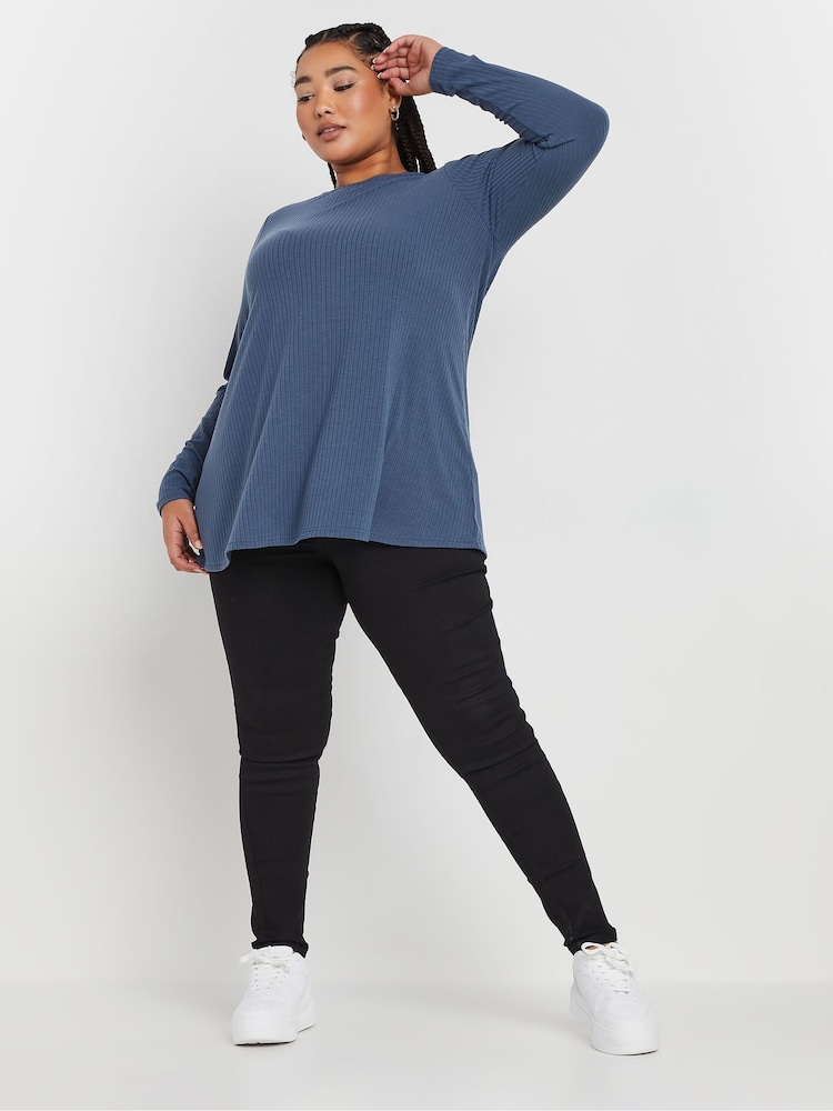 Yours Curve Blue Long Sleeve Ribbed Swing T-Shirt - Image 2 of 5