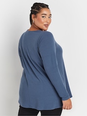 Yours Curve Blue Long Sleeve Ribbed Swing T-Shirt - Image 3 of 5