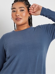 Yours Curve Blue Long Sleeve Ribbed Swing T-Shirt - Image 4 of 5