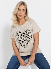 Yours Curve Natural Brown Sequin Leopard Heart Print T-Shirt - Image 1 of 5