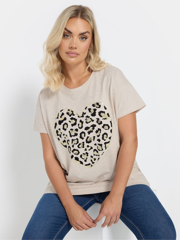 Yours Curve Natural Brown Sequin Leopard Heart Print T-Shirt - Image 1 of 5