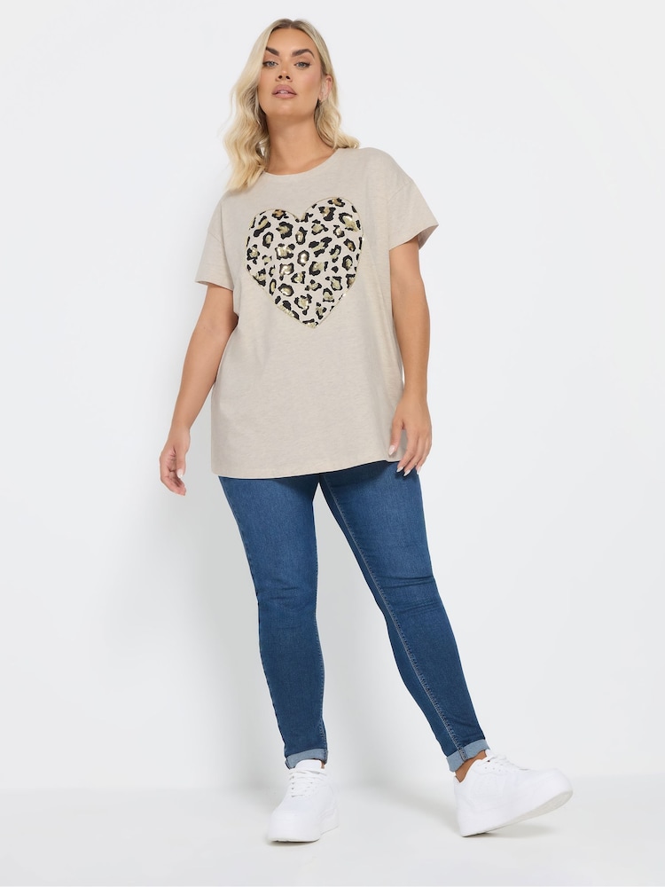 Yours Curve Natural Brown Sequin Leopard Heart Print T-Shirt - Image 2 of 5