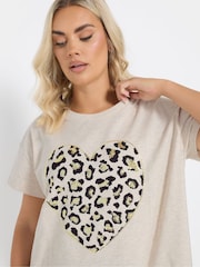 Yours Curve Natural Brown Sequin Leopard Heart Print T-Shirt - Image 4 of 5