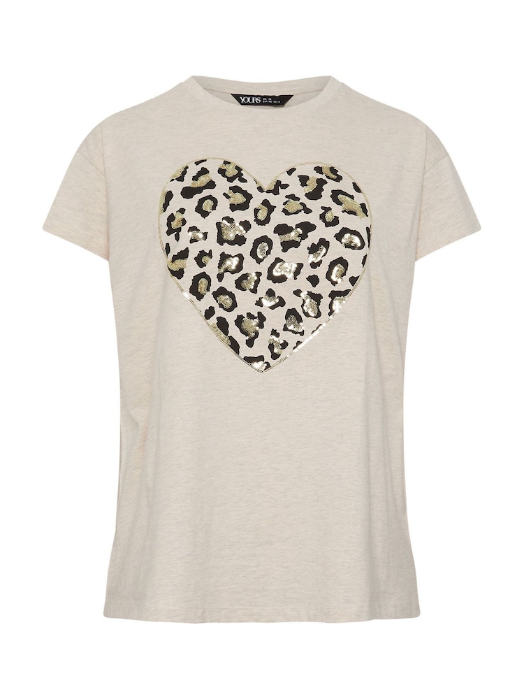 Yours Curve Natural Brown Sequin Leopard Heart Print T-Shirt - Image 5 of 5