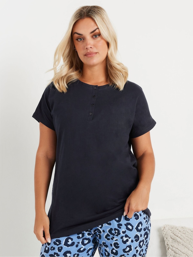 Yours Curve Blue Placket Short Sleeve 100% Cotton Pyjama Top - Image 1 of 5