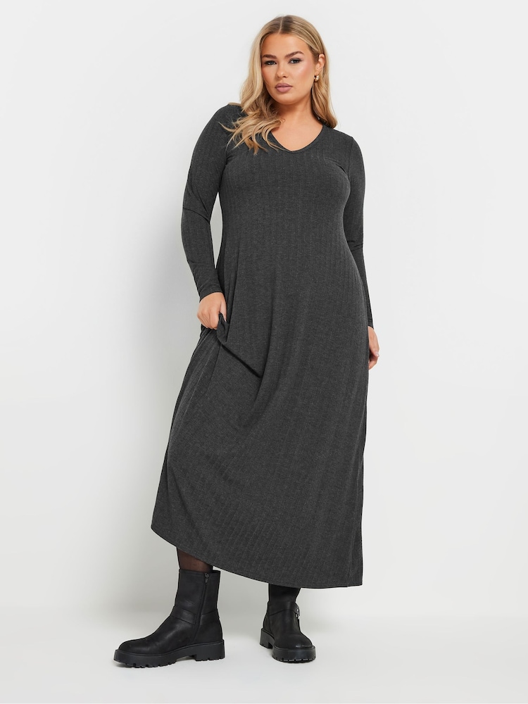 Yours Curve Grey V-Neck Ribbed Flare Dress - Image 1 of 5 Yours Curve Grey V-Neck Ribbed Flare Dress - Image 1 of 5