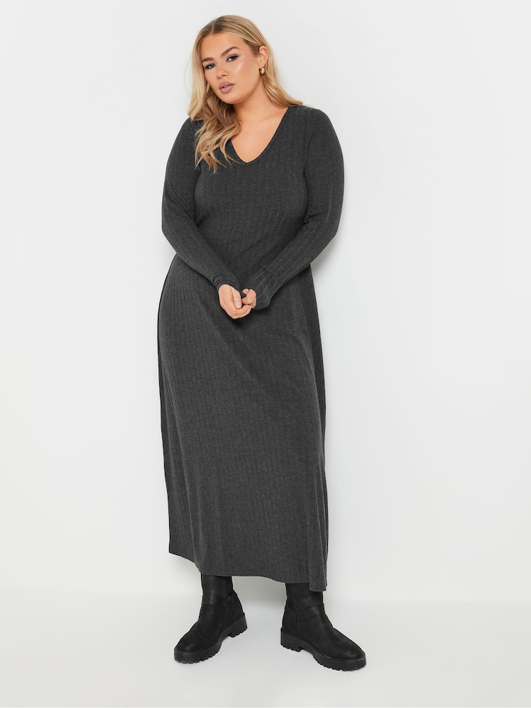Yours Curve Grey V-Neck Ribbed Flare Dress - Image 2 of 5 Yours Curve Grey V-Neck Ribbed Flare Dress - Image 2 of 5