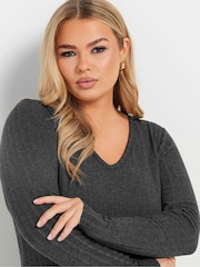 Yours Curve Grey V-Neck Ribbed Flare Dress - Image 4 of 5